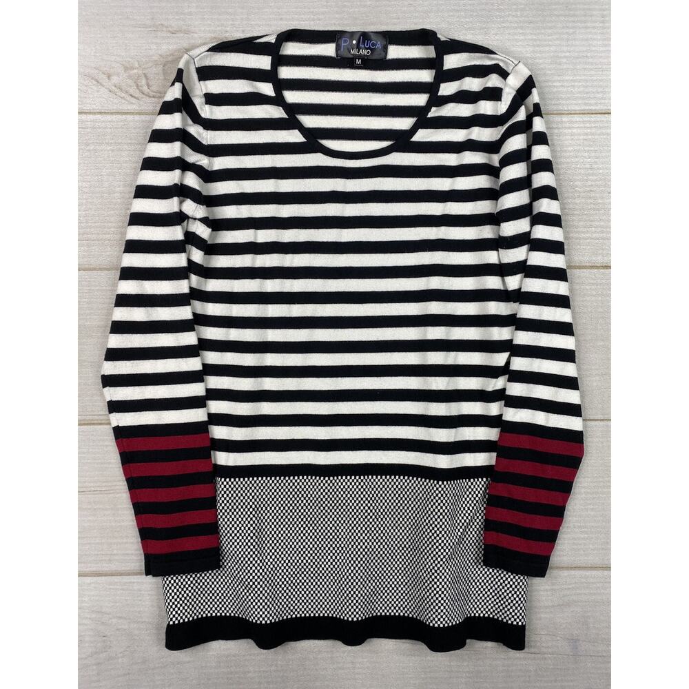 P Luca Milano Sweater Womens Sz M Black White Striped Long Sleeve Stretch Knit